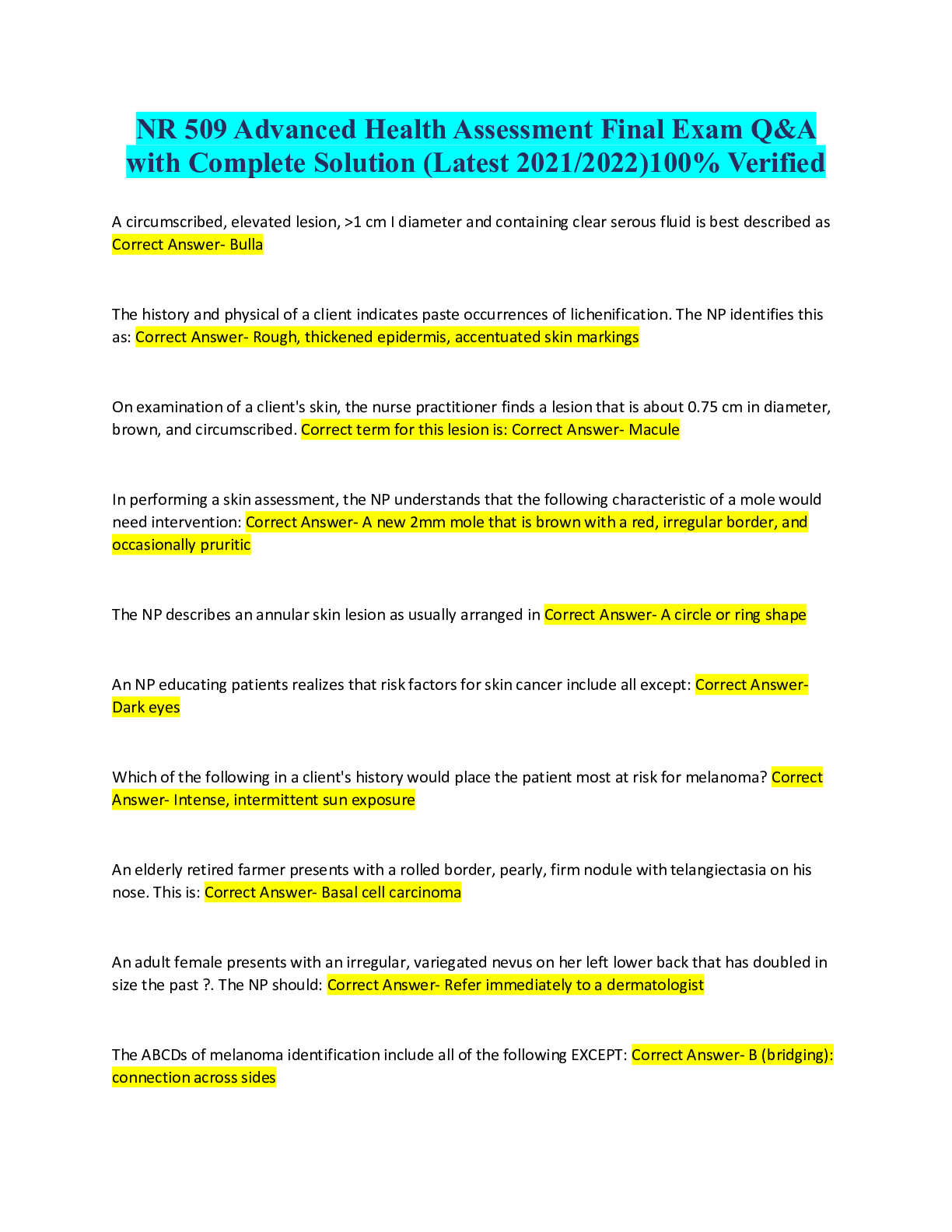 Preview image for NR 509 Advanced Health Assessment Final Exam Q&A with Complete Solution (Latest 2021/2022)100% Verified